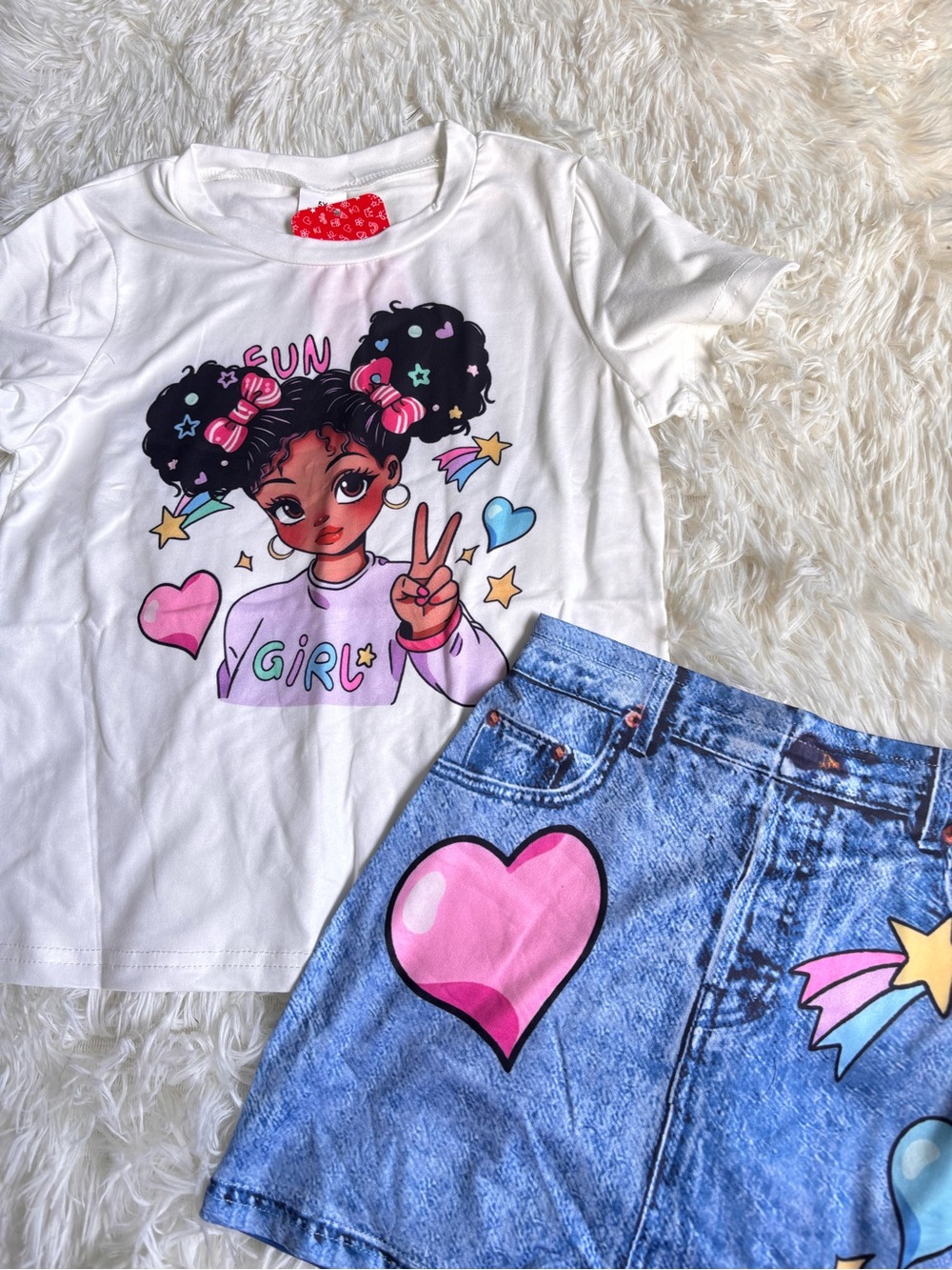 Girl Graphic White Tee with Pink Heart Denim Skirt Set
